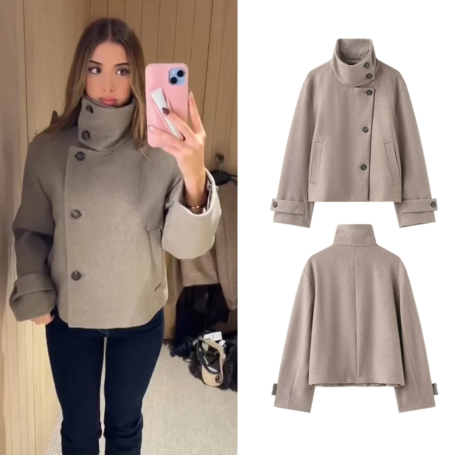 المرأة الوقوف طوق معاطف قصيرة الإناث خمر الأكمام الكاملة أزرار جيوب جاكيتات ربيع الخريف الشتاء السيدات الصلبة أبلى #1
