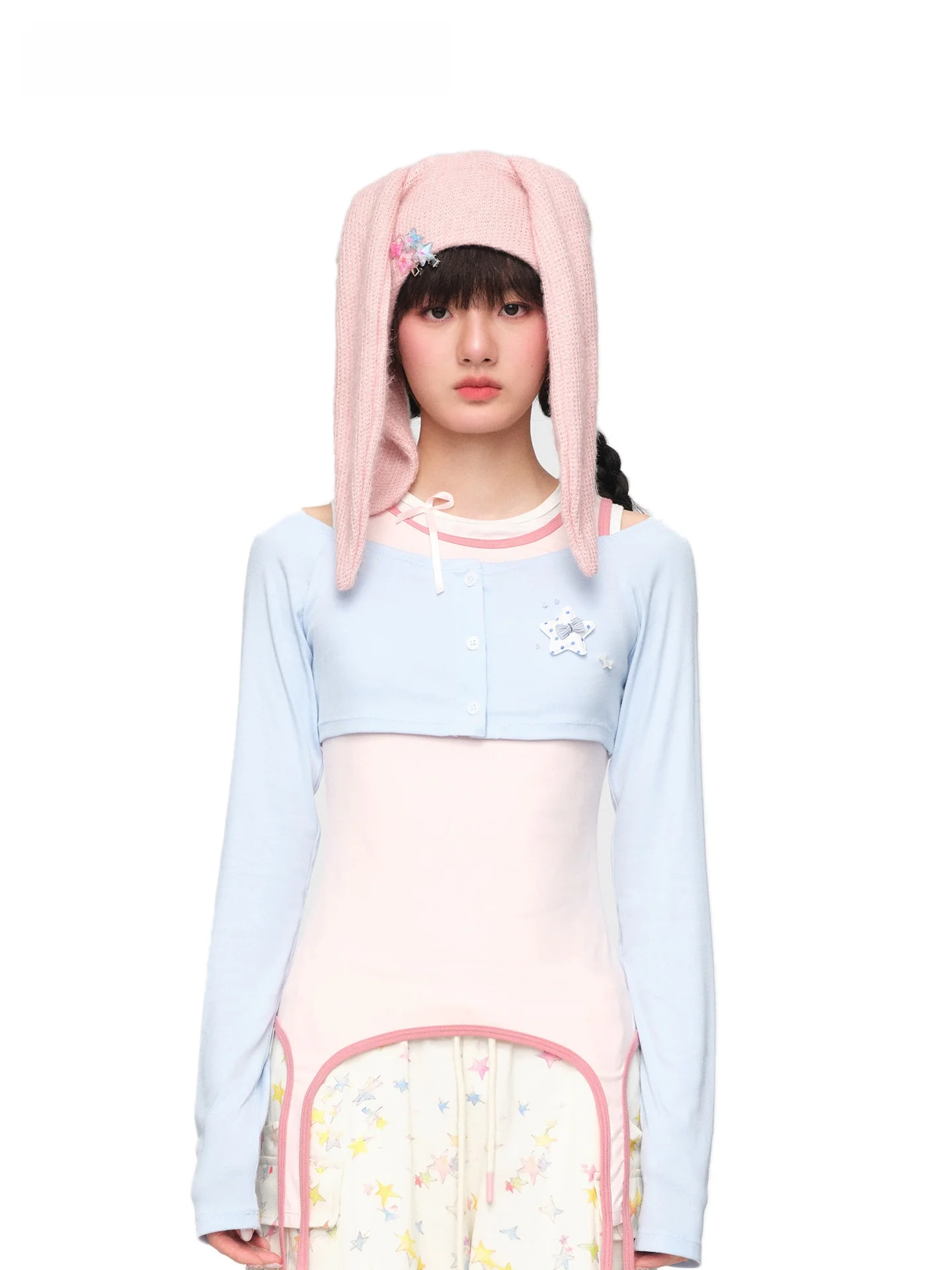 MOF Blue Color Block Vest Cardigan Two-Piece Set Casual Style Long Sleeve Slim Fit Ladies' T-Shirt from China for Spring Season