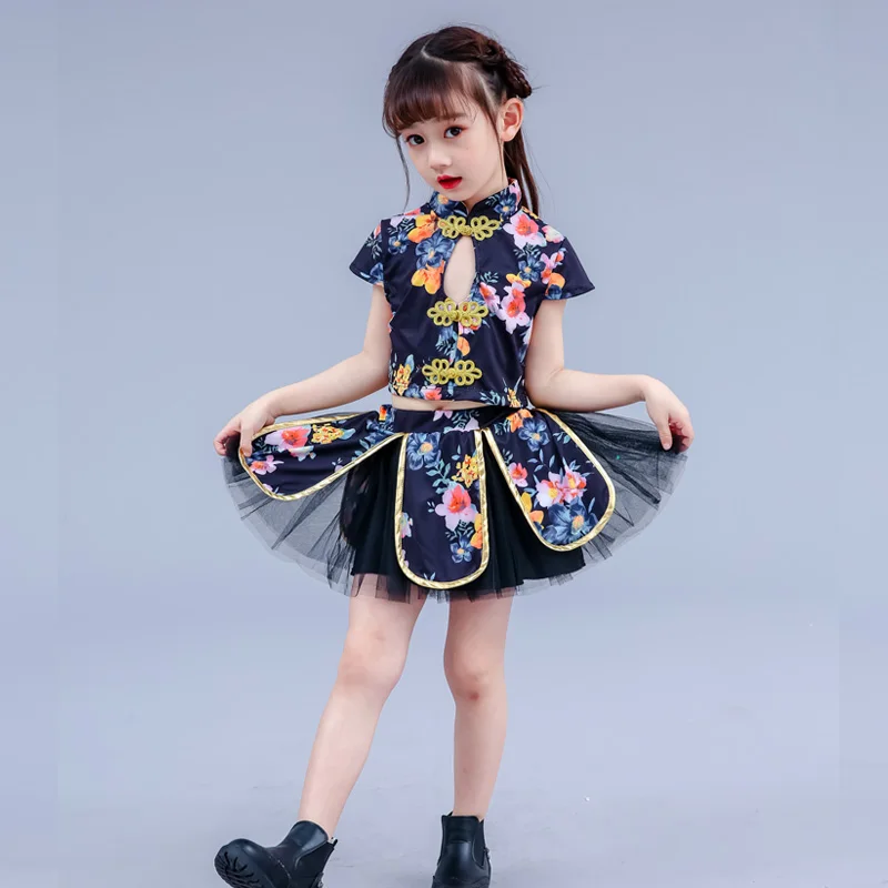 Costumes rétro cheongsam pour enfants, mode chinoise, danse jazz, jupe bouffante, vêtements rave, tenue kpop