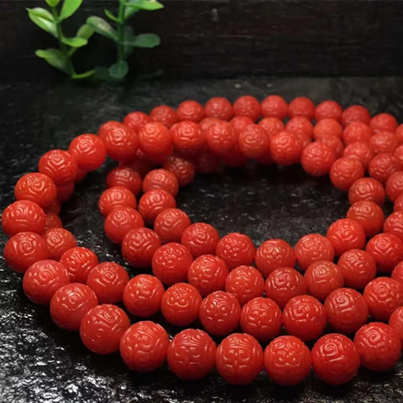 Natural Baoshan South Red Carved Fret Beads 108 Beads Bracelet Agate Bracelet