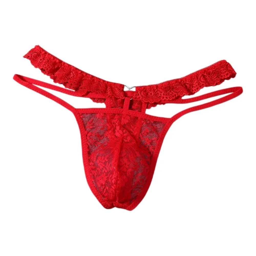Lingerie Low Waist Men's Lace Thong Thin Strap Transparent Mesh Sheer Panties Underwear Bulge Pouch T-back Briefs Men Newlywed