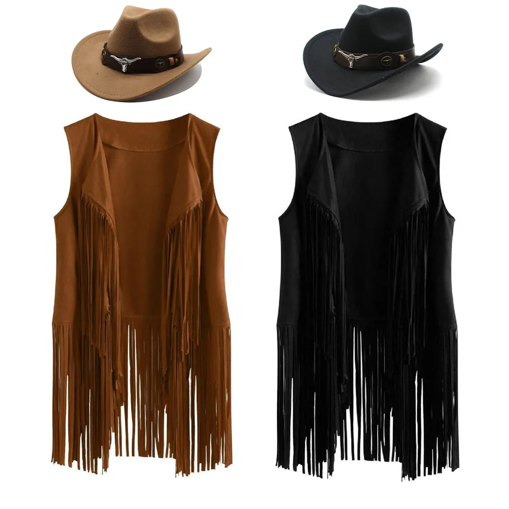 

60s 70s Hippie Western Cowgirl Cosplay Costume Women Tassels Fringe Vest Hat Full Set Cowgirl Role Play Suit Halloween Party