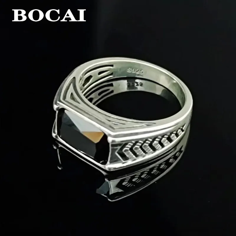 BOCAI 100% S925 Silver Jewelry Natural Black Agate Rectangular Ring For Men Fashionable Punk Style Exquisite Gift Dropshipping