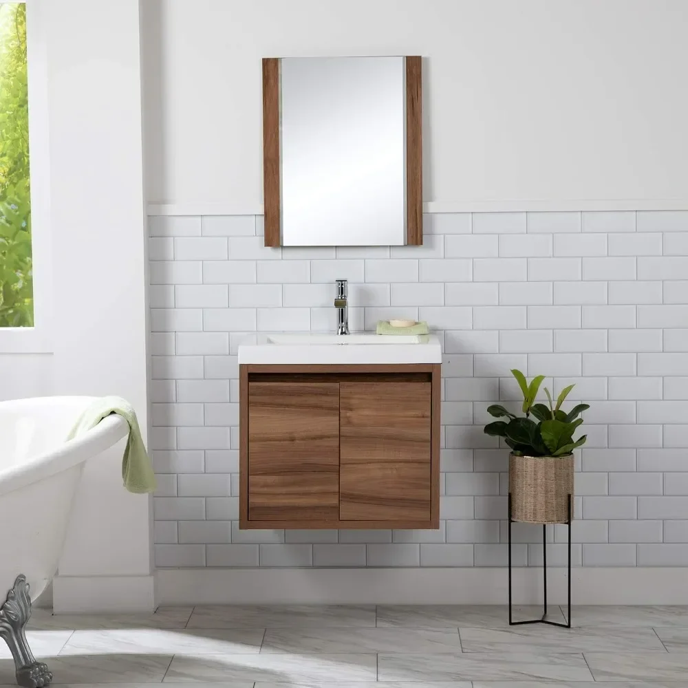 Miles Vanity, Kelby 24 Inch Modern Floating Bathroom Vanity with White Single Sink Top, 2-Door Cabinet, Caramel Mist