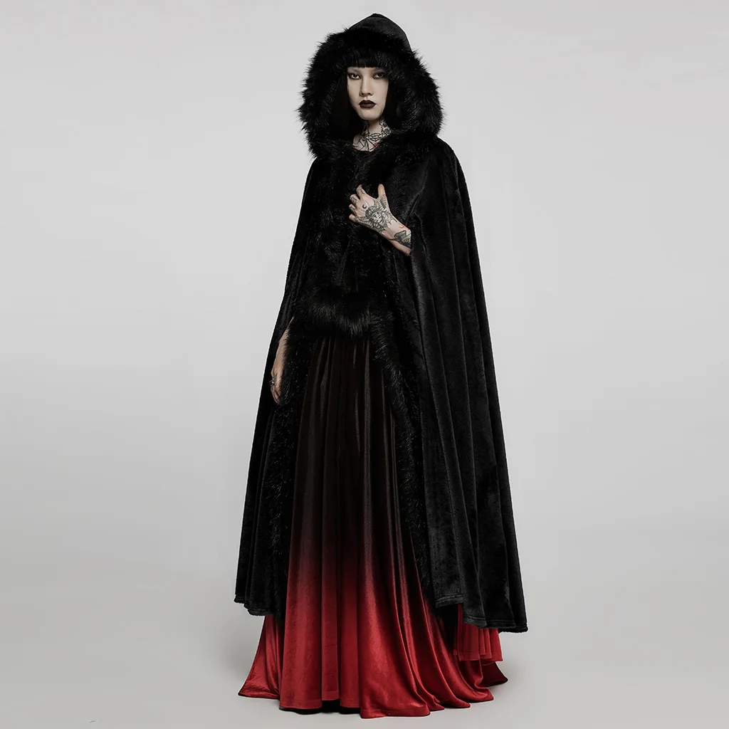 PUNKRAVE Women's Coat Goth Faux Rabbit Fur Long Cloak Gorgeous Nobility Hooded Warm Stage Performance Halloween Cape