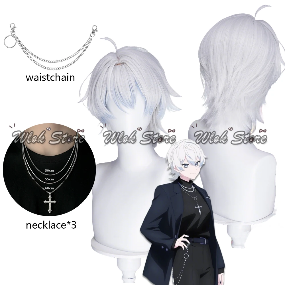 Peluca de Cosplay de Anime Needy Girl Overdose Karamazov Nechika-sama, pelo corto blanco, collares, cadena para la cintura, accesorios de Halloween para hombres y mujeres