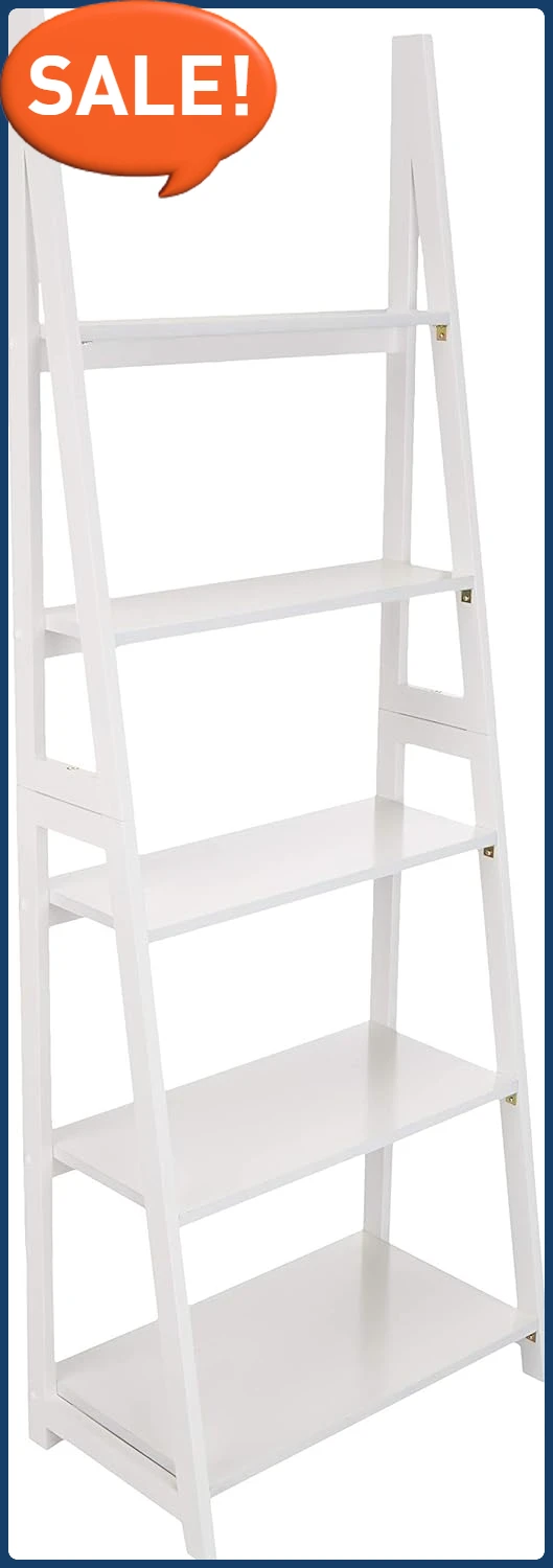 

Ladder Bookshelf Organizer, 5-Tier, Solid Rubberwood Frame, White Finish, 14 D x 24.8 W x 70.1 H in