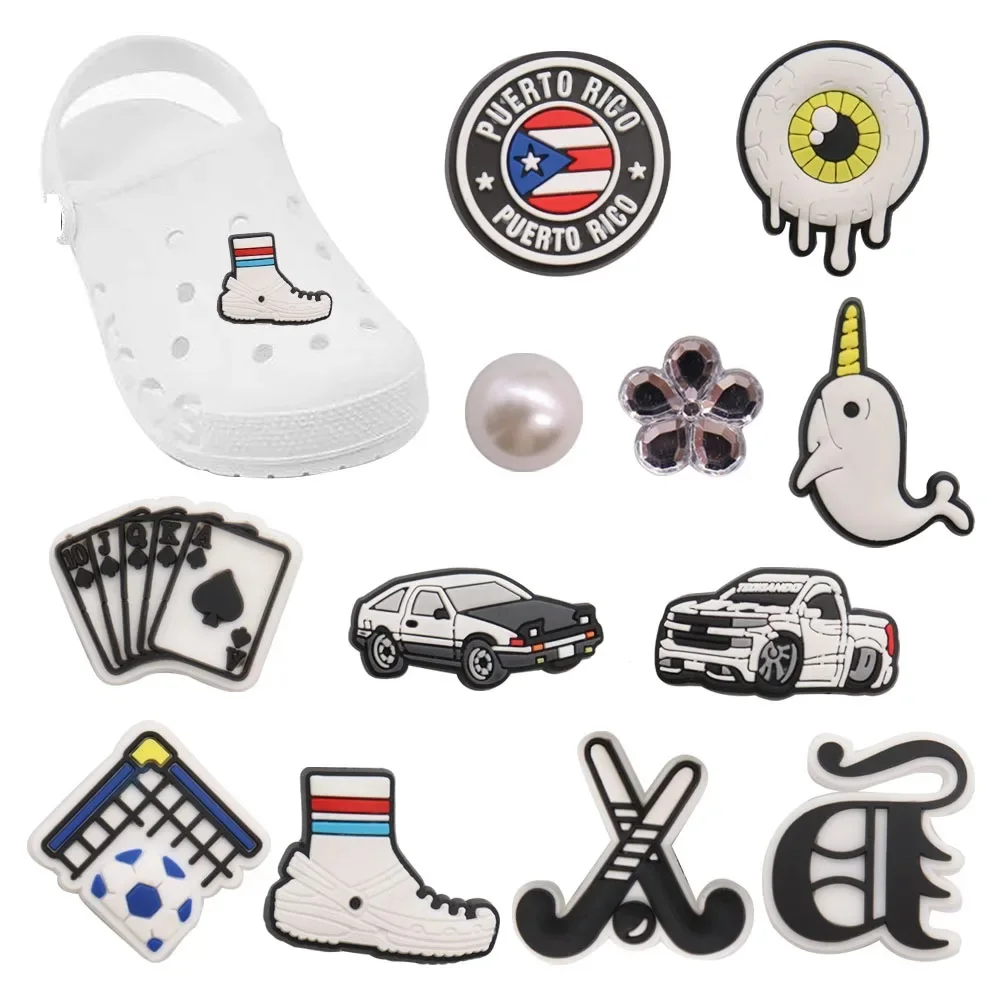 Mix 50pcs Eyes Car Playing Cards Pearl Flower Soccer Cart Polo Shoe Charms Fit Wristbands Accessories Decorations Kids Gift