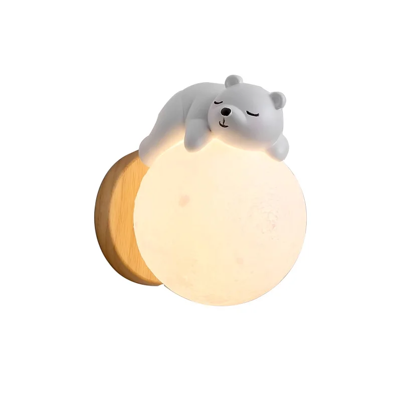 Creative Bedside Wall Lamp Sleeping Bear Moon Warm White Design Bedroom Ambient Kids Night Light for Boys Girls Room