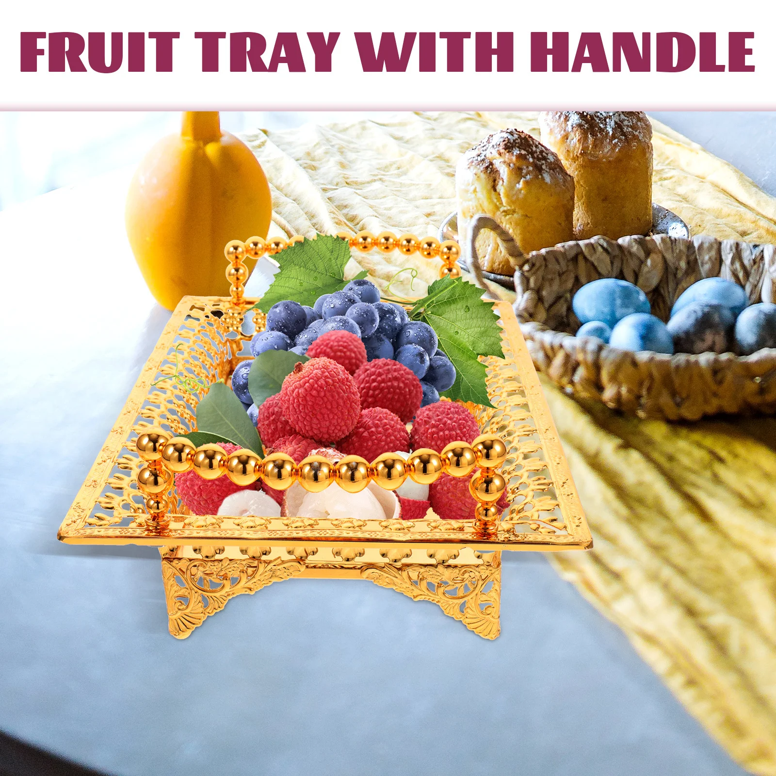 

Iron Fruit Tray Nordic Style Snack Serving Plate with Handle Multi-Function Candy Dessert Plate for Home Hotel Party Storage