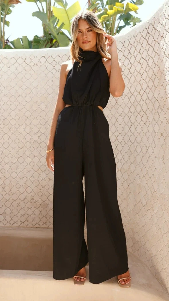 Halter Neck Jumpsuits Women Summer Solid Color Leace-up Backless Slit Wide Legs Sleeveless Jumpsuit Temperament Female Clothing