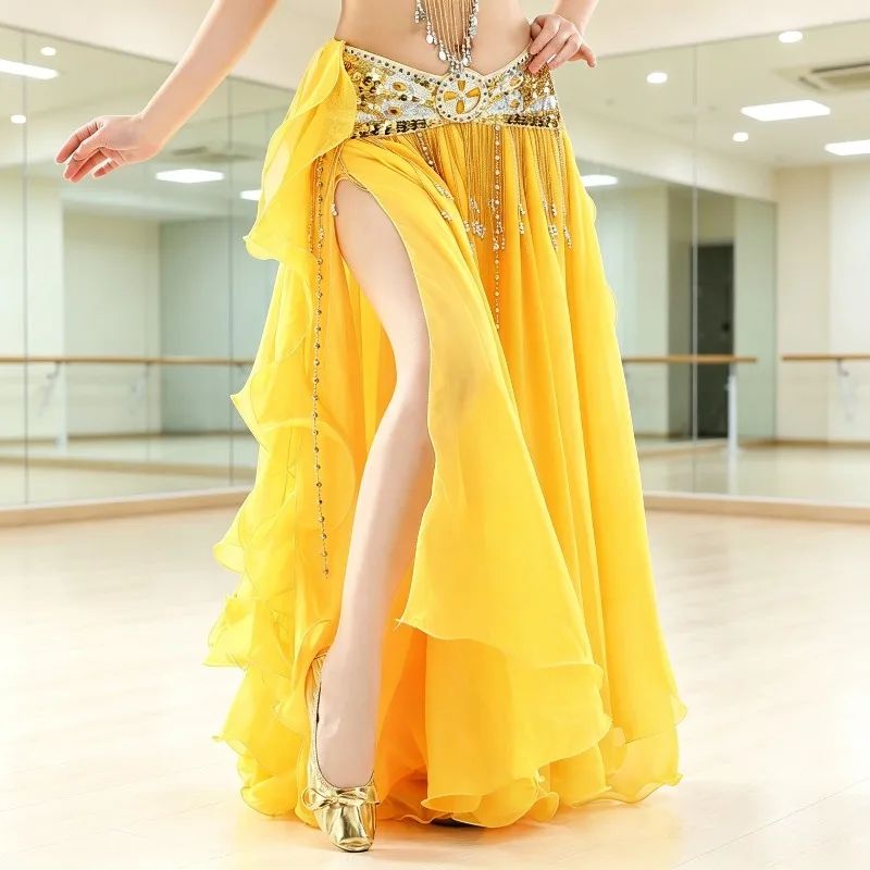 Womens Belly Dance Skirt Double Slit High Split Flowy Design For Stage Performance Daily Dance Practice Wear view 4