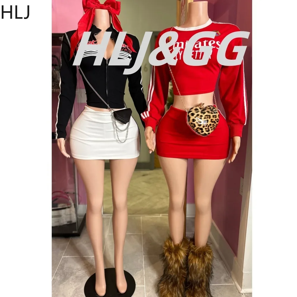 

HLJ&GG Fashion Letter American Vintage Streetwear Women Zip Long Sleeve Top And Mini Skirts Two Piece Sets Female Y2K Outfits