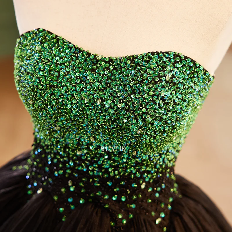 Galajurk Dames Zwart met groene kristallen kralen Strapless Jurken voor speciale gelegenheden Op maat gemaakte formele avondjurken voor galafeesten