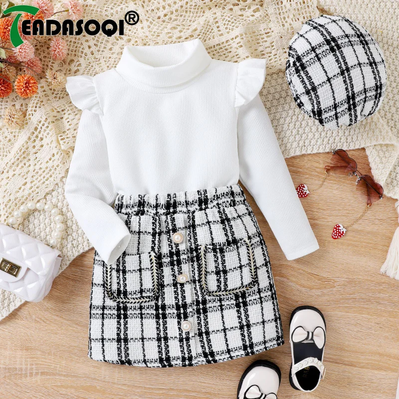 

4-7Y Kids Girls Clothing 3Pcs Set High-necked Fly Shoulder Long Sleeve Tops+Double-pocket Plaid Skirt With Beads+Beret Hat Suit