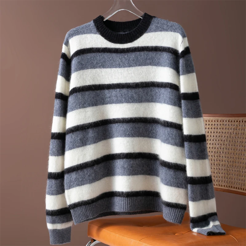 

Women Sweater 5% Cashmere 95% Natural Wool Striped Knitted Loose Type O Neck Long Sleeve Pullover Top Warm Autumn Winter M1473