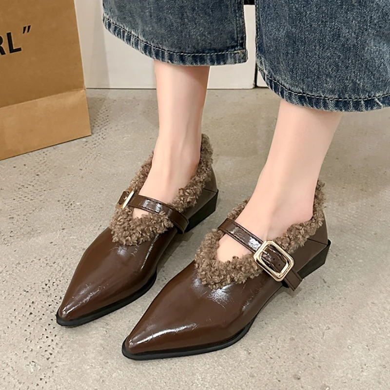 

New Winter Women Shoe Fashion Plush Warm Casual Shoes French Style Pointed Tip Flat Shoes for Woman Designer Shoes Zapatos Mujer