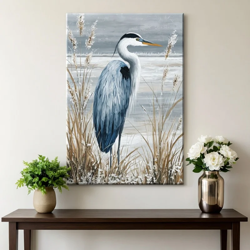 (No frame)2D Flat, 2D Flat, 2D Painting, 2D Painting 1 Vintage Nordic Minimalist Style Large Blue Stork Oil Painting | Wooden