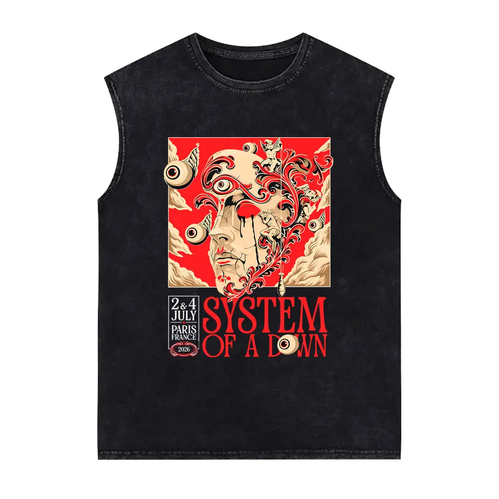 System of A Down Tour 2026 Vintage Washed Tank Tops Men's Rock Oversized Sleeveless Vest T Shirts Men Fashion Retro Streetwear