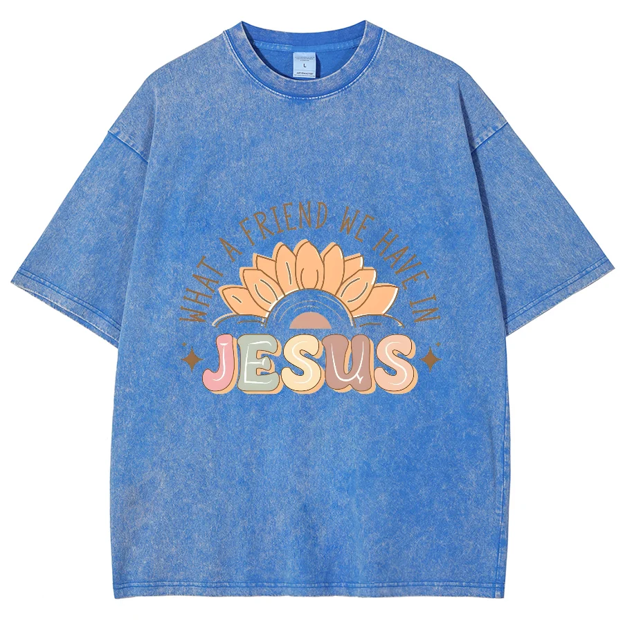 Jesus And Friend Y2K Washed Short Sleeves T-shirt, Printed Creative Casual Unisex Oversized Vintage Streetwear Fashion Plus-Size