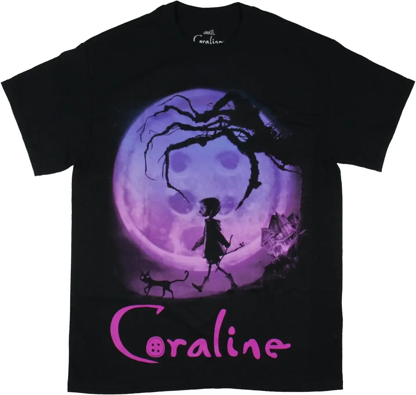 Coraline Men\'s Button Moon Purpllee Hue Adult Graphic Print Dark Fantasy Film T-Shirt