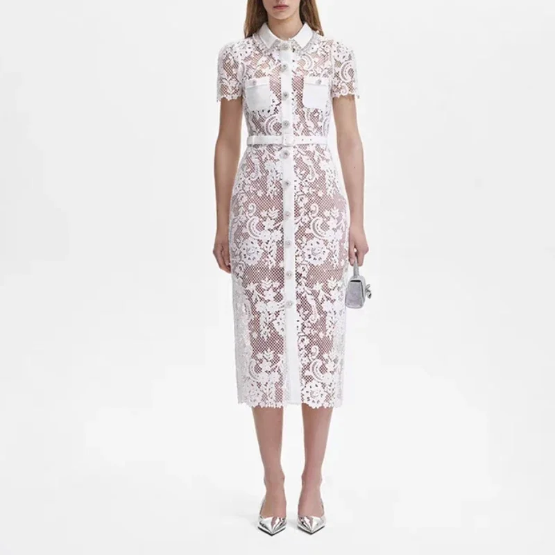 

Women temperament White dress Short Sleeve lace Embroidery Hollow Out long Dress