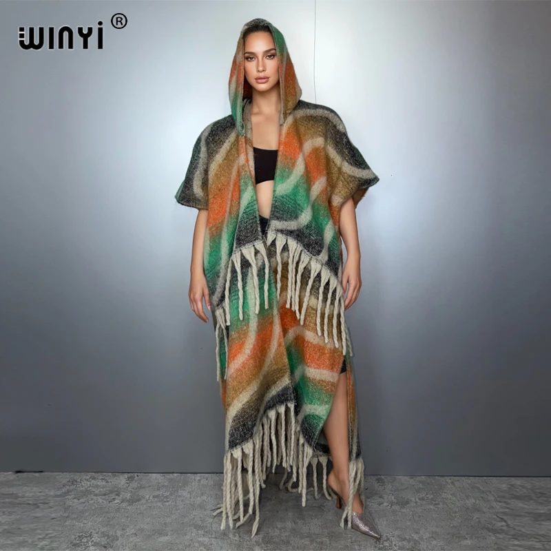 

WINYI Africa winter hooded cardigan abaya dubai luxury outfit coat Open Front Kimonos long down poncho dress Fringed kaftan