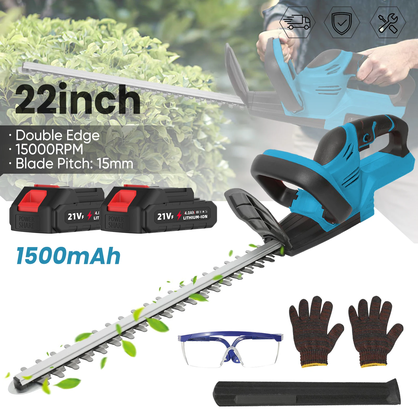 Cortasetos eléctrico de 1500 RPM y 22 pulgadas, herramientas de poda de arbustos inalámbricas eficientes para jardín, compatibles con batería Makita de 18 V.