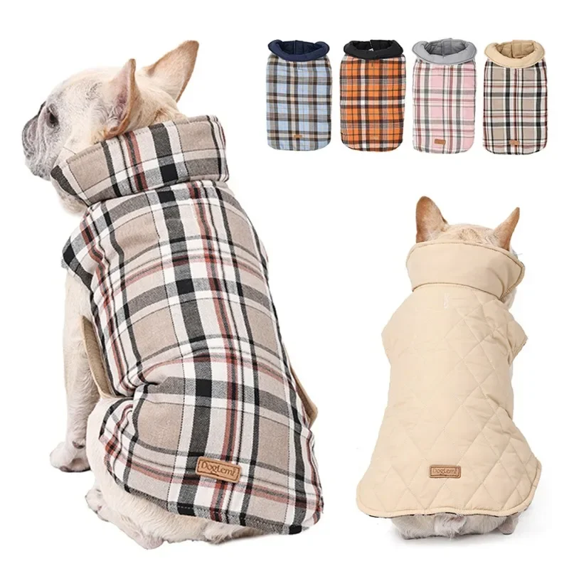 New Reversible Dog Jacket Winter Waterproof Nylon Warm Large Dog Clothes Lattice Cozy Dog Coat French Bulldog Labrador Costume