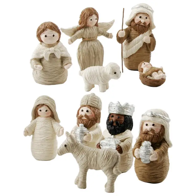 10pcs Christmas Nativity Scene Figurines Crafts Birth of Jesus Ornament Holiday Collectible Figurines Resin Tiered Tray Decor