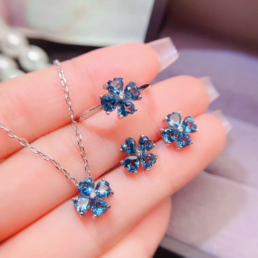 

Lovely 925 Sterling Silver topaz jewelry set for party 4mm total 3.6ct London blue topaz ring earrings pendant with gold plating