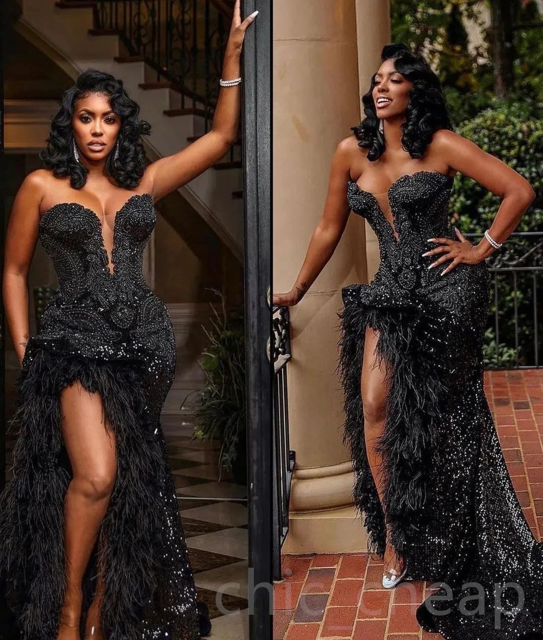 

Black African American Prom Dresses Mermaid Sweetheart Sequins Beaded Slit Black Girls Nigeria Robe De Soiree Evening Gown