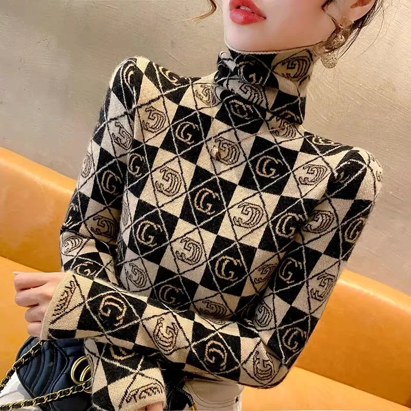 Women Clothing Letter Jacquard Knitwear Vintage Chic Slim Comfortable Elasticity Wool Sweaters Winter Y2k Commute Warm Tops