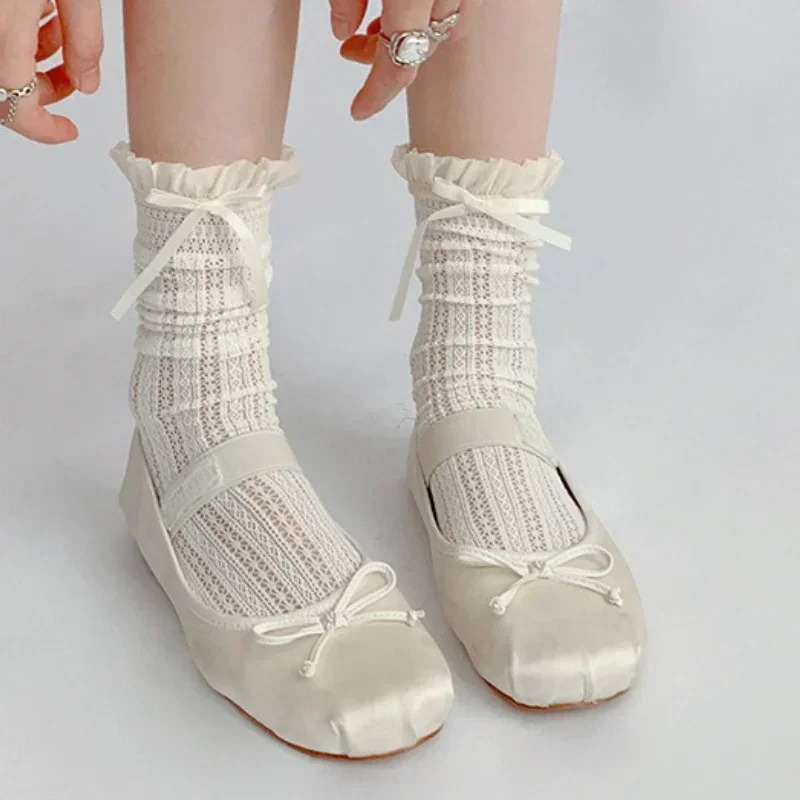 

1 пара милых носков в стиле Лолиты, милые кружевные ажурные носки с бантом и салатами, удобные вязаные однотонные носки для весенне-летнего женского платья