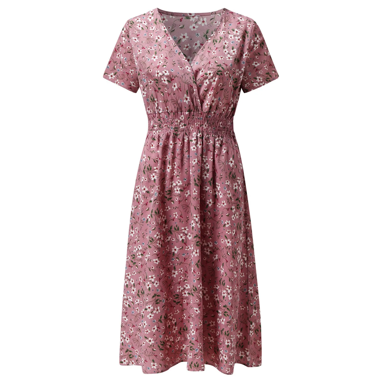 Robe trapèze imprimée de fleurs de style français bohème pour femmes, robe d'été élégante, col en V, manches courtes, taille de compromis, mode estivale