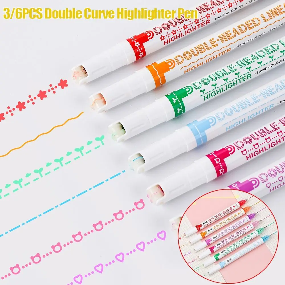 3/6PCS Double Pen Tip Curve Line Highlighter Pen Creative Flower-shaped Curve Line Marker Student School Supplies Stationery