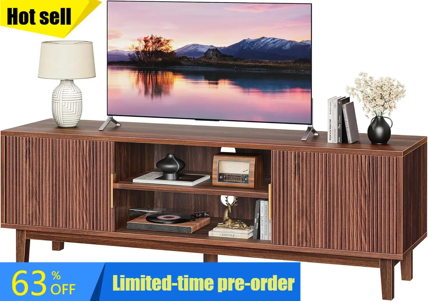 

54 Inch TV Stand for 55, 60 Inch TV, Fluted Entertainment Center with 2 Cabinets, TV Consoles for Living Room, 3-Level Adjustabl