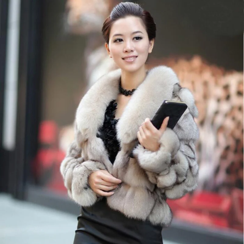 Harppihop*Luxury Genuine Real Fox Fur Jackets&Coats With Fox Fur Collar For Ladies Short Fox Fur Outerwear In Fur Garments