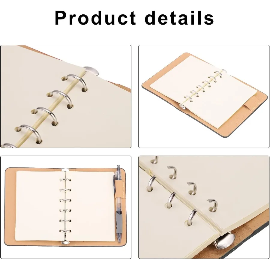غطاء دفتر ملاحظات جلدي مكون من 6 حلقات مقاس A7، مخطط صغير قابل لإعادة الملء من أوراق الشجر السائبة مع 50 ورقة باللون الأسود