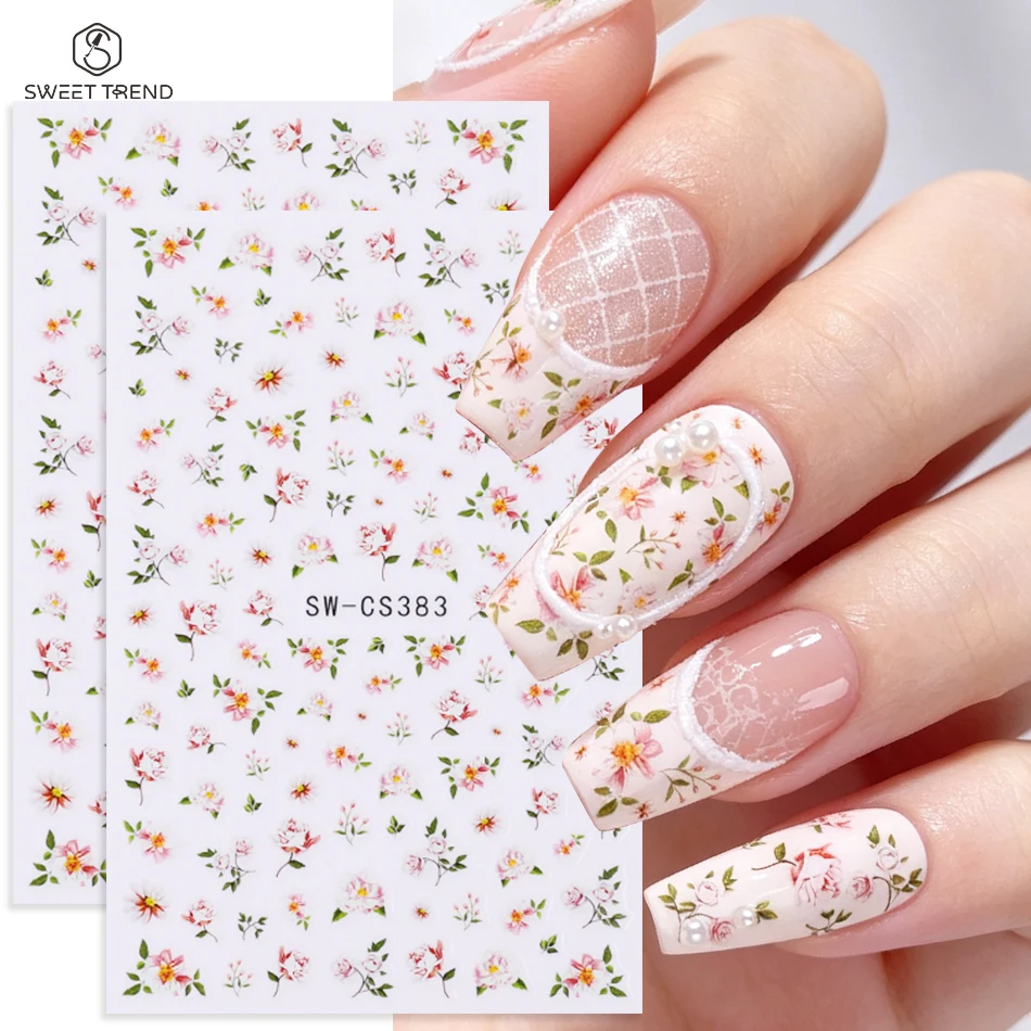 2 Stück Aquarell Rosa Wildrosen-Blumen Nagelaufkleber Selbstklebende Blumen-Nagelsticker DIY Elegante Maniküre Nagelkunst-Dekorationen