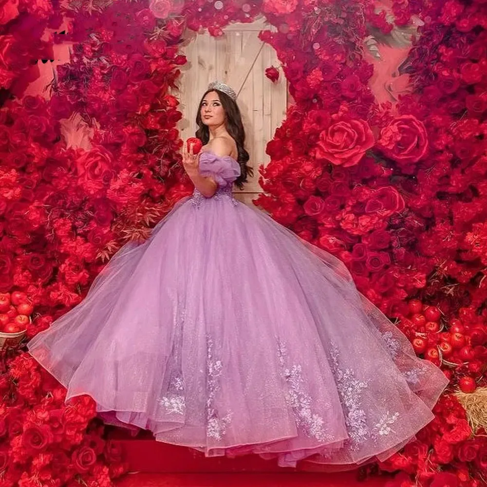 فساتين Quinceanera الأرجواني الكرة ثوب للفتيات الحلو 15 سنة ثلاثية الأبعاد الزهور Vestidos De XV Anos الخرز فستان حفلة موسيقية لأعياد الميلاد