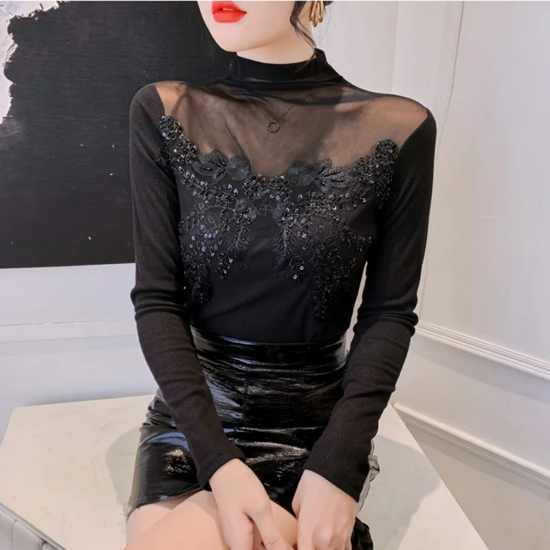 #4250 Black Turtleneck T Shirt Women Sexy Perspective Spliced Mesh Tight T-shirt Ladies With Sequins Embroidery Korean Style