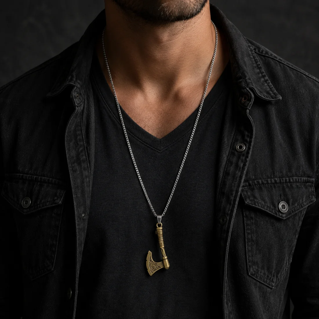 Vintage Bronze Axe Pendant Necklace 70cm Stainless Steel Chain Norse Rune Battle Axe Jewelry Men Hip Hop Punk Gothic Chain Gift