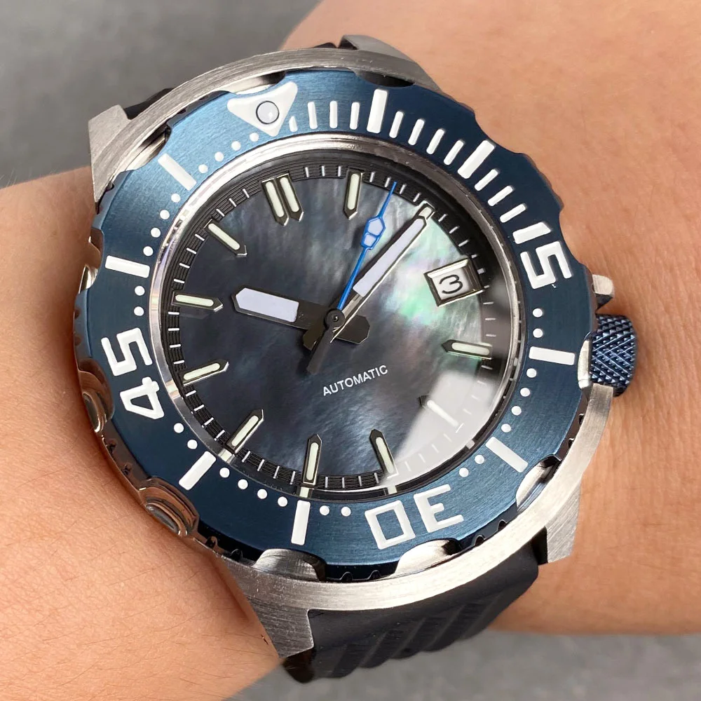 Mother of Pearl Shell Dial Luminous 42mm Monster Watch 20ATM Diver NH35 Automatic Watch Men 120 Click Bezel Sapphire Rubber Band