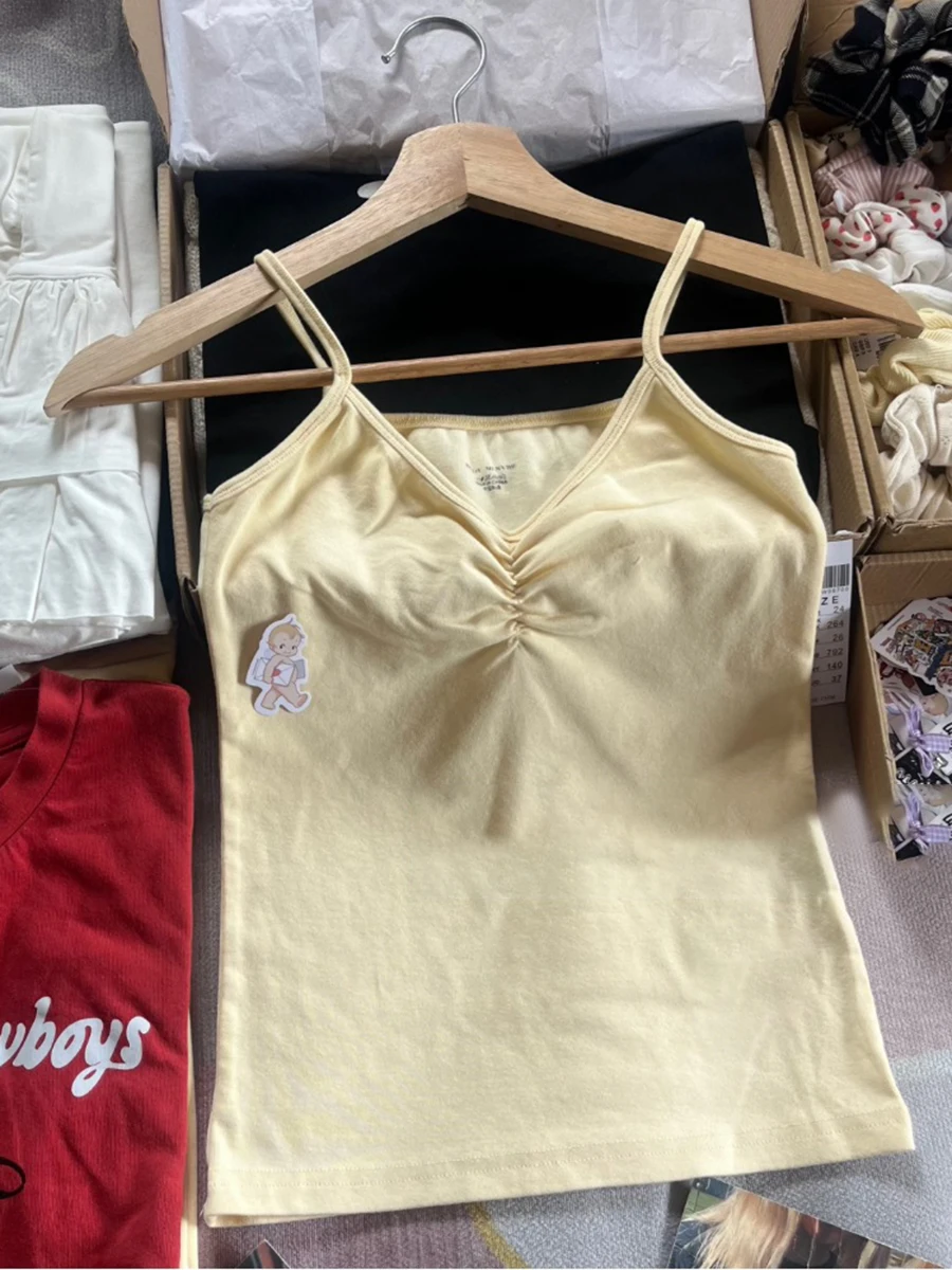 Botergeel Tankbroek 2-delige set Dames Plooien V-hals Slanke crop top met trekkoord Rechte joggingbroek Leuke katoenen thuissets