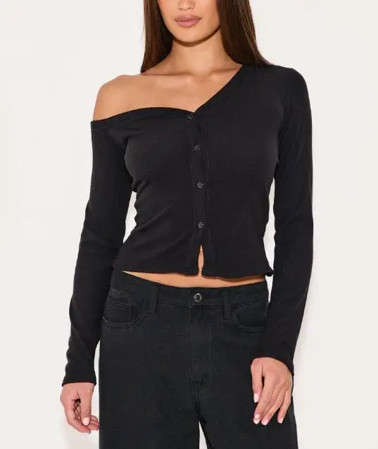 

Women's T-Shirt Spring\summer New Style Solid Color Elegant French Fashion Slant Collar Single Breasted Long Sleeved Knitted Top