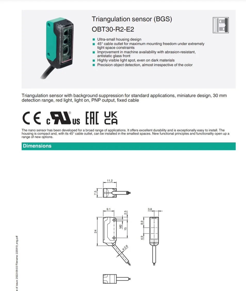 Sensor de medición triangular con función de supresión de fondo original ( 225919 ) OBT30-R2-E2