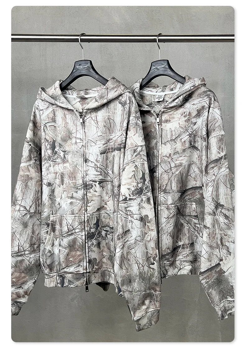 2026 New American Retro Tree Branch Camouflage Pattern Hoodie Men Autumn Winter Men's Zipper Hoodie Jacket Y2k Streetwear
