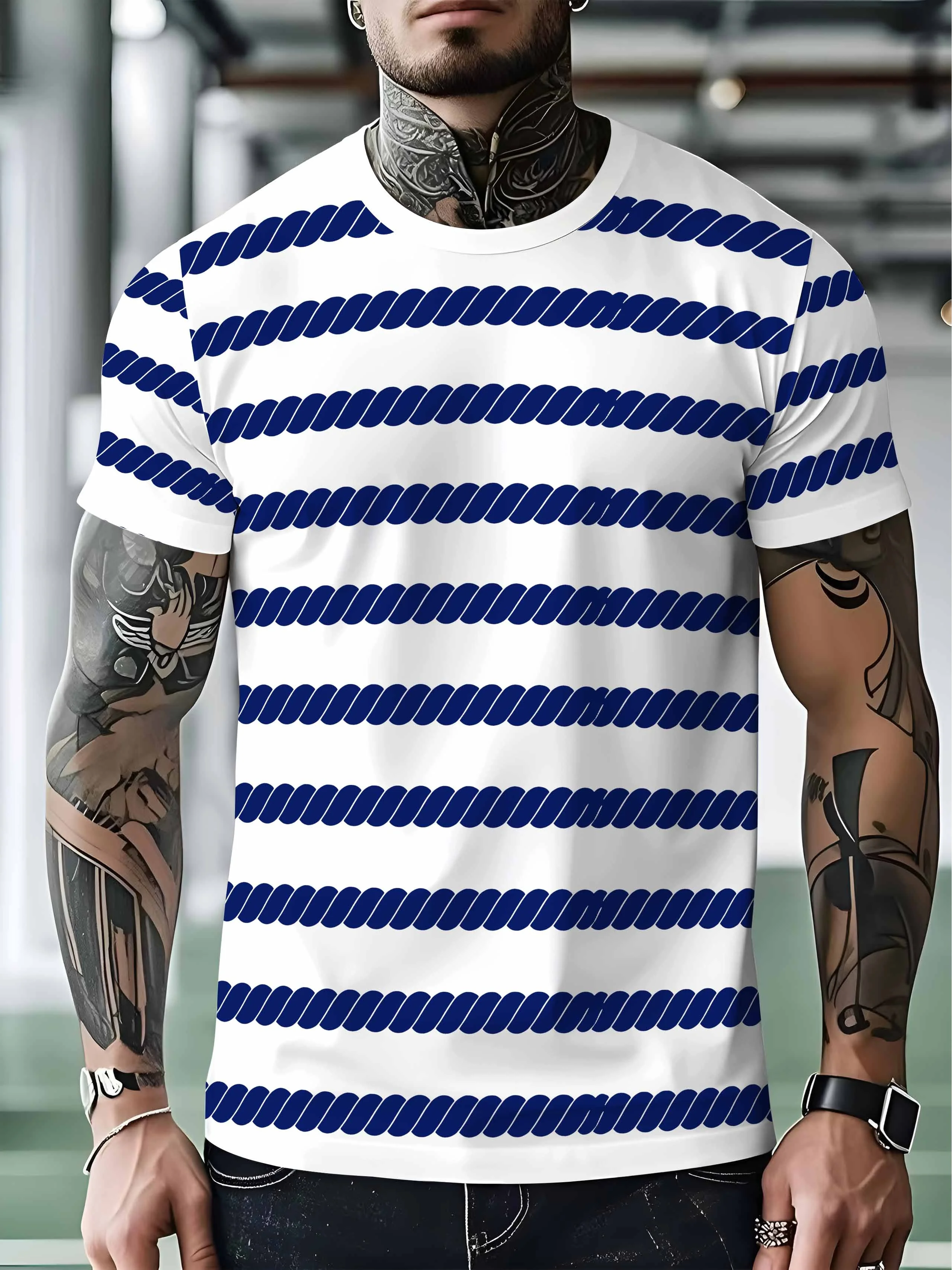 Men Mesh Sports T‑Shirt Rope Stripe O‑Neck Short Sleeve Summer Slim Casual Daily Top
