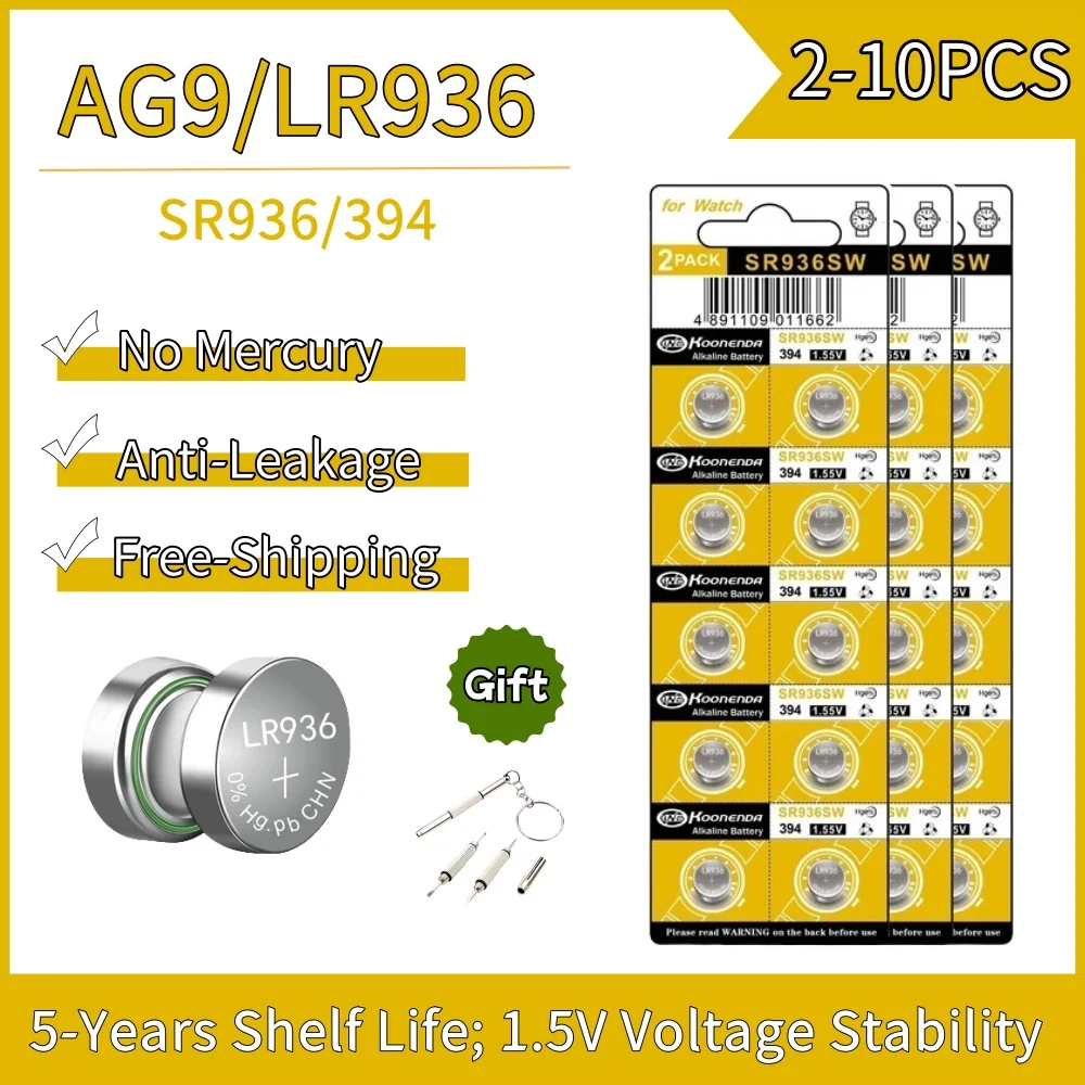 

2-10PCS 1.55V AG9 50mAh Button Cell LR936 394 SR936SW CX194 LR45 G9A 194 394A SR936 L936F Cell Coin Watch Toys Remote Battery
